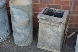 A CYLINDRICAL CHIMNEY POT, with painted detail of river scene and a chimney pot (2)