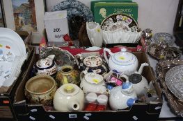 TWO BOXES OF CERAMICS, GLASS, etc, to include boxed Masons collectors plates, novelty cruets etc