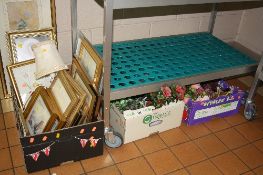 THREE BOXES OF PICTURES, JARDINERES, DRIED FLOWERS ETC