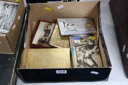 A SMALL BOX OF SUNDRIES, to include 'Dunhill' cigarette box, Eastern cigarette case, postcards etc