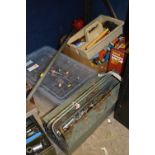 A TOOLBOX, A PLASTIC BOX, A TRAY AND A CARDBOARD BOX, all containing tools and an oil barrel pump