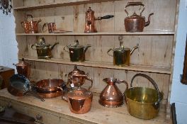 FIFTEEN VARIOUS VINTAGE COPPER AND BRASS ITEMS, including two water urns, two kettles, four