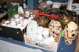 THREE BOXES AND LOOSE CERAMICS, METALWARE ETC, to include copper kettles, Sylvac pebble vases,