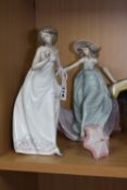 TWO LLADRO FIGURES, 'Afternoon Promenade' No 7636 (parasol loose) and 'May Dance' No 5662 (finger