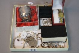 A MIXED LOT, to include 9ct bangle, 9ct dress ring, various silver jewellery, coins, perfume bottle,