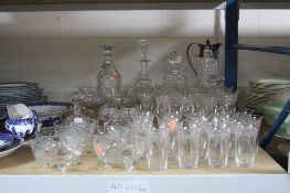 VARIOUS CUT/ETCHED GLASSWARES, to include suite glasses, various decanters, claret jug etc