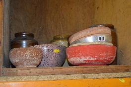 FIVE VARIOUS STONEWARE JARS, six planting bowls and a chrome uplighter (12)