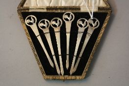 A CASED SET OF SIX SILVER 'COCKEREL' COCKTAIL STICKS