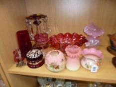 A GROUP OF COLOURED GLASS, to include pink satin vases, florally decorated, small ruby flashed