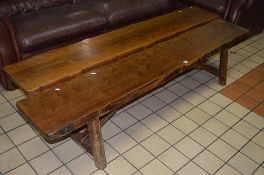 A PAIR OF WIDE ELM BENCHES, approximate length 200cm