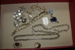 A TRAY OF MIXED SILVER JEWELLERY, including chains, pendants, brooches etc