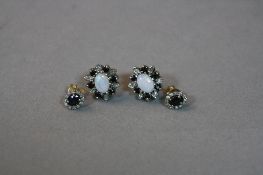 TWO PAIRS OF 9CT EARRINGS, one set with opal and diamonds and the other sapphire and diamonds