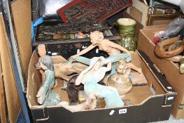 A BOX AND A DEED BOX OF CHALK FIGURES, BOOKS, RECORDS, ABU FISHING REEL, CARVINGS, etc