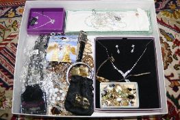 A BOX OF MIXED COSTUME JEWELLERY etc