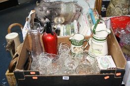 TWO BOXES AND A BASKET OF WALKING STICKS, GLASS, CERAMICS, BOOKS, PLATED WARES ETC