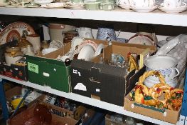 THREE BOXES AND LOOSE CERAMICS, KITCHEN ITEMS, STONEWRE, GLASS ETC, to include jelly moulds, jug/