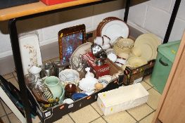 TWO BOXES AND LOOSE CERAMICS, PICTURES, ETC, to include butterfly wing tray, enamel 'Bread' bin,