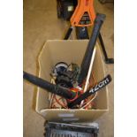 A BOX OF ELECTRICAL TOOLS, including leaf blower, hedge trimmer, circular saw, etc