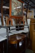 A MAHOGANY OCCASIONAL TABLE, folding firescreen, a lidded footstool and two mahogany chairs (5)