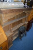 A PINE DRESSER TOP WITH SHELVES AND TWO CUPBOARD DOORS, 175cm long x 135cm high