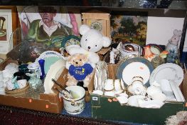 FOUR BOXES AND LOOSE CERAMICS, GLASS, PICTURES, CLOCK, TEDDY BEARS, etc, to include Paragon,