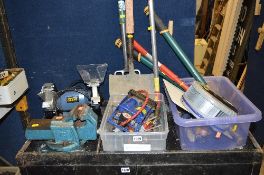 A BENCH GRINDER, vice , shovel, fork and two boxes of tools