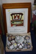 A SET OF FOUR LINDA JANE SMITH 'GOURMET CAT' PICTURES, together with Oriental teawares, another