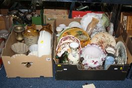 THREE BOXES OF CERAMICS, GLASS, STONEWARE, etc, to include jelly moulds, flagons (White Bros, &