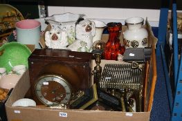 TWO BOXES OF CERAMICS, GLASS, SUNDRIES, etc, to include clocks, pictures, metalwares, a pair of