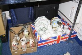 TWO BOXES AND LOOSE CERAMICS, together with two suitcases, to include Capodimonte figures and birds,