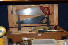 A PAINTED WOODEN TOOLBOX AND TOOLS, including a set of Stanley chisels, a Stanley No 4 plane etc