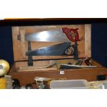 A PAINTED WOODEN TOOLBOX AND TOOLS, including a set of Stanley chisels, a Stanley No 4 plane etc