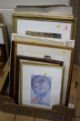 PAINTING AND PRINTS, folder of student's artwork, framed prints and paintings including a Venetian