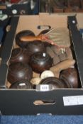 VARIOUS GREEN BOWLS, cricket balls, skittles and other games etc