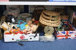 THREE BOXES AND LOOSE SUNDRY ITEMS, to include tape measures, Salter's Infant scales with wicker