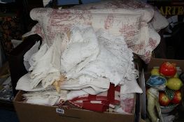 TWO BOXES OF LINEN, to include eiderdown and matching cushions, lace etc