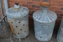 TWO GALVANISED WOOD BURNING BINS WITH LIDS, and a dolly peg (3)