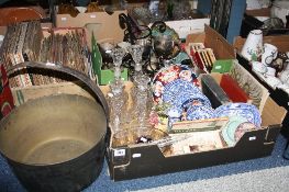 THREE BOXES AND LOOSE CERAMICS, GLASS, BRASS JAM PAN, RECORDS, PLATED WARES ETC