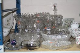 A QUANTITY OF GLASSWARE, including a set of six thistle bowl drinking glasses, vases, decanter, etc