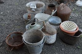 A QUANTITY OF GALVANISED MISCELLANEOUS, to include buckets, pig trough, milk churns, etc