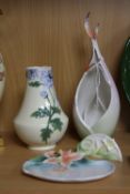 FOUR PIECES FRANZ PORCELAIN, to include Butterfly tea light candle holder, cornflower vase, height