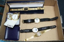 A TRAY OF FIVE MIXED WATCHES, including Roaner, Citizen, Seiko etc