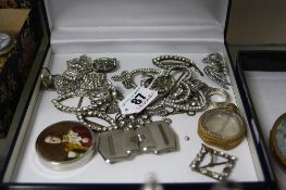 A BOX OF MIXED SILVER AND WHITE METAL JEWELLERY