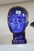 A BLUE GLASS HEAD, height approximately 28cm