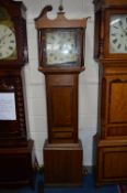 A LATE GEORGIAN OAK AND MAHOGANY BANDED LONGCASE CLOCK, damaged pediment, painted 29cm, 11 1/2' dial