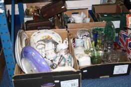 FOUR BOXES SUNDRIES, CERAMICS, GLASS, ETC, to include Spode/Hammersleys 'Dresden Sprays' jug,