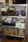 SIX BOXES AND LOOSE CERAMICS, GLASS, RECORDS, SUITCASES ETC, to include Carnival glass, a resign