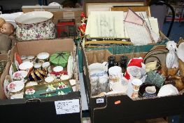 THREE BOXES AND LOOSE CERAMICS, GLASS, PICTURES, SUNDRIES ETC, to include Roberts radio, tea/