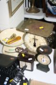 THREE SETS SALTERS SCALES, two pocket balances and a Ferranti bakelite clock (6)