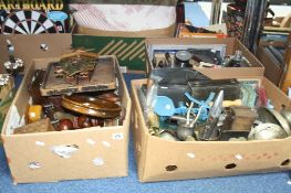 THREE BOXES OF TREEN, METALWARE, cased cutlery, etc (three boxes)